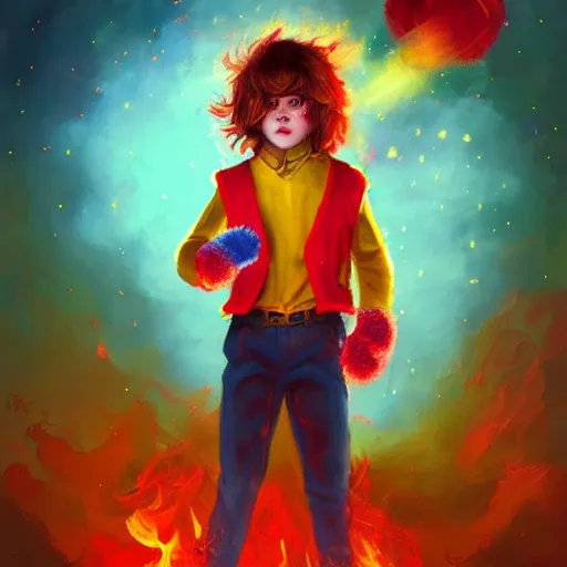 Image similar to colorful and festive captivating young child boy, brown long fluffy hair, wearing red and yellow hero suit, shooting a fire sphere out of his fist. full body, rich vivid colors, ambient lighting, dynamic lighting, 4 k, atmospheric lighting, painted, intricate, highly detailed by charlie bowater