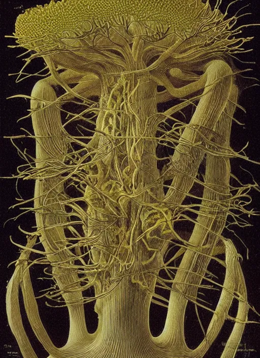 Image similar to mycelium growing into a mushroom, ernst haeckel