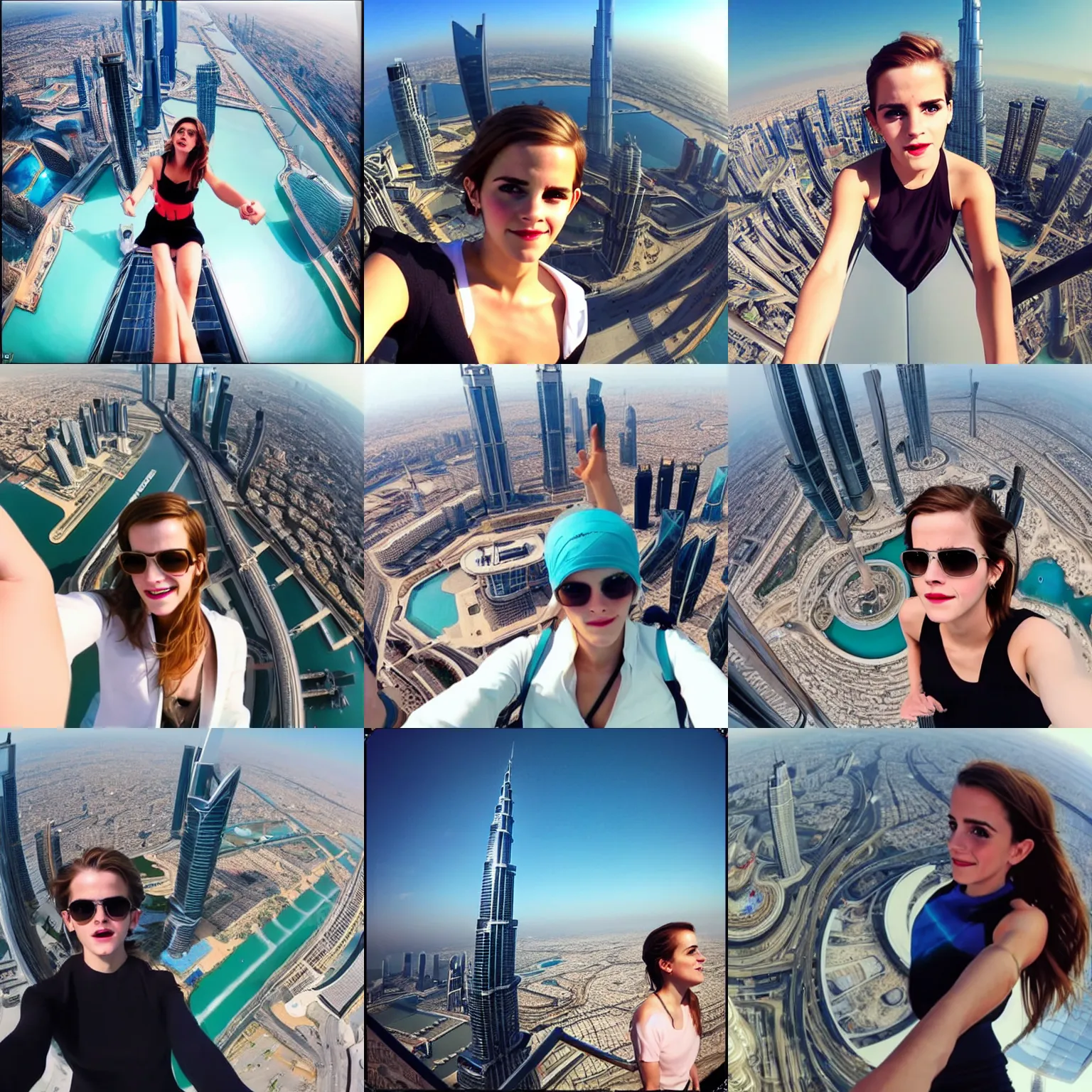 Prompt: gopro selfie of emma watson standing on top of the burj khalifa