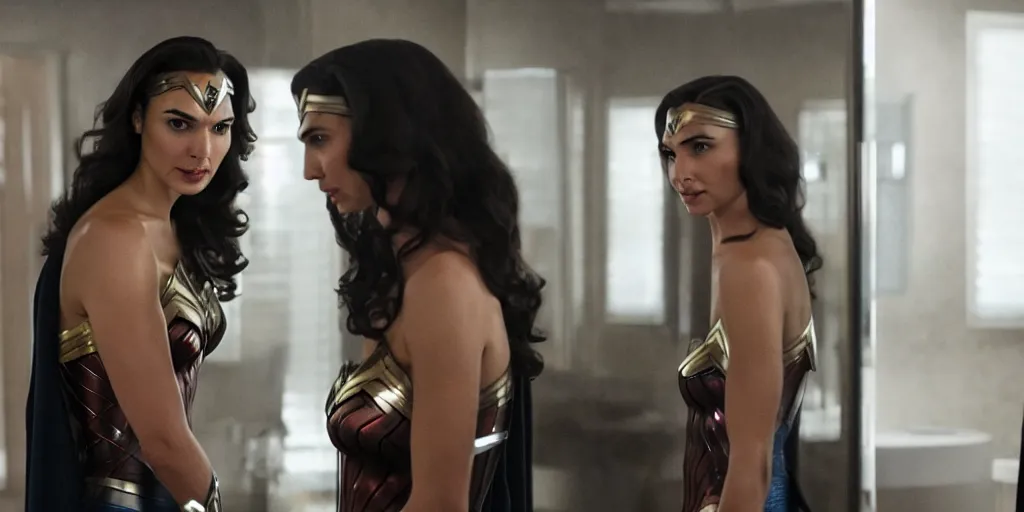 Image similar to ultra wide angle photo of gal gadot dressed in a white blouse and black dress pants as diana prince looking at herself in a bathroom mirror and seeing her reflection as wonder woman