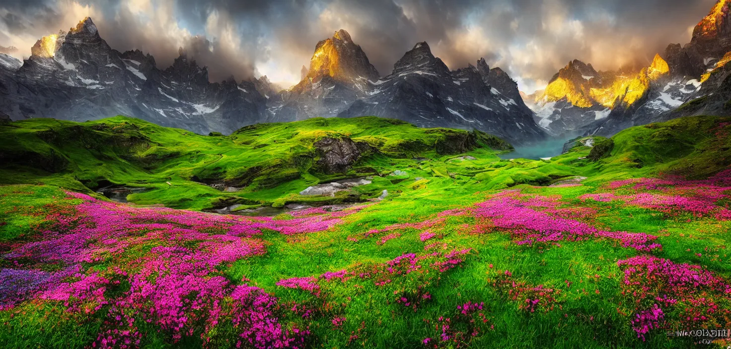 Image similar to amazing landscape photo of switzerland green spring with flowers by marc adamus, beautiful dramatic lighting