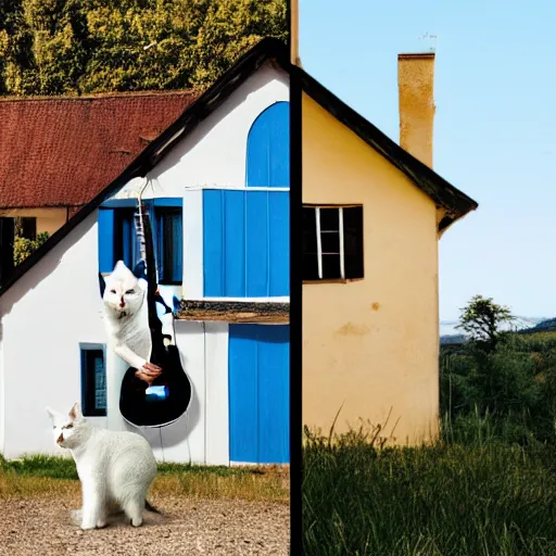 Image similar to realistic photo of a white female cat with a black spot on her trunk playing guitar, an old house with a window over a hill, blue sky