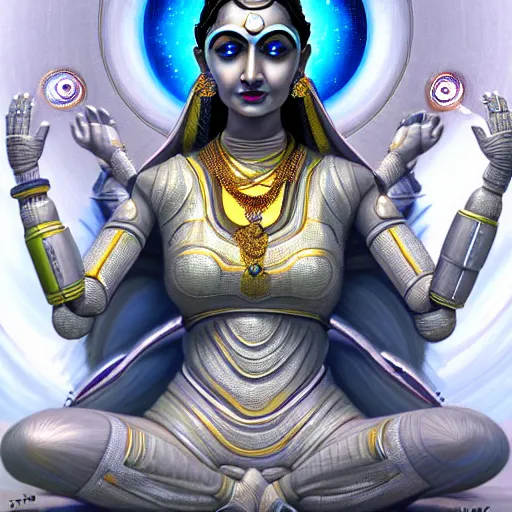 Image similar to Futuristic laxmi Indian Goddess in a robot spacesuit, sci-fi, fantasy, intricate, beautiful, elegant, attractive, indian goddess of wealth, highly detailed, digital painting, artstation, masterpiece, concept art, Four Hands, sitting on a Lotus, smooth, sharp focus, unreal engine 5, WLOP, Octane render, Symmetric, art by artgerm, hajime sorayama, William-Adolphe Bouguereau