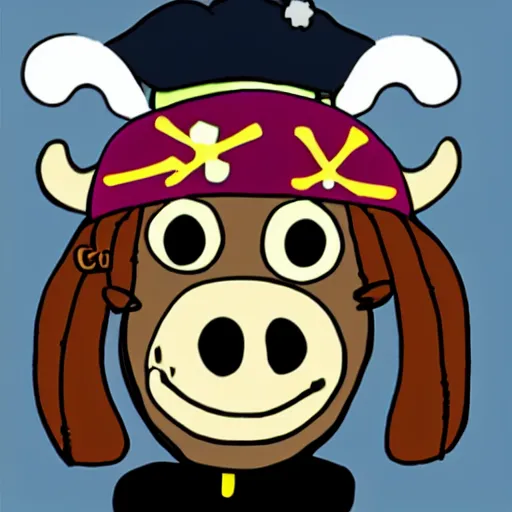 Image similar to cow wearing a pirate hat and eyepatch, childrens cartoon