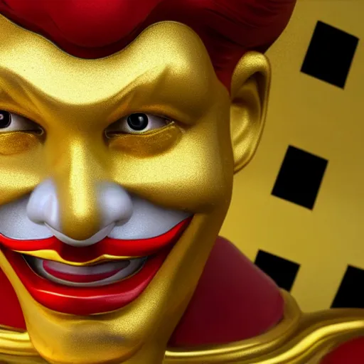 Image similar to A still of Ronald McDonald surrounded by gold and diamonds, Award-winning, photograph, 3d render, unreal engine, 4k detailed