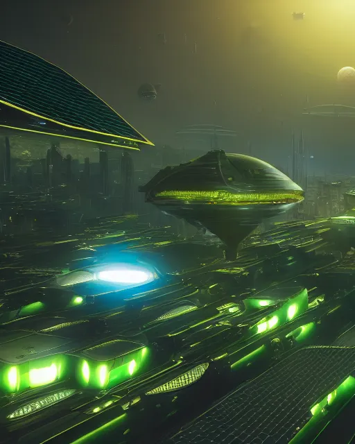 Image similar to Solarpunk space ship, futuristic utopia, scifi, green plants, golden engines, above city, fine details, atmosphere, glow, 8k highly detailed sharp focus, trending on artstation, Star Citizen