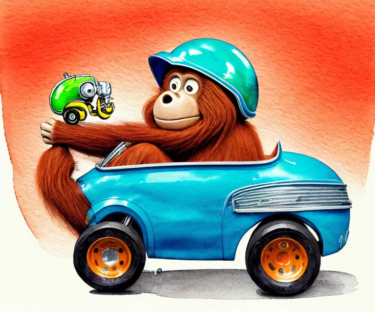 Prompt: cute and funny, orangutan wearing a helmet riding in a tiny hot rod with oversized engine, ratfink style by ed roth, centered award winning watercolor pen illustration, isometric illustration by chihiro iwasaki, edited by range murata, tiny details by artgerm, symmetrically isometrically centered