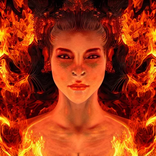 Image similar to A stunning portrait of a goddess, her body made of flames, 8K UHD, intricate, fantasy, Trending on artstation.