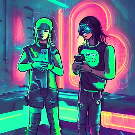 Prompt: “cyberpunk kids with guns and electronic devices, neon lights, sharp, detailed”