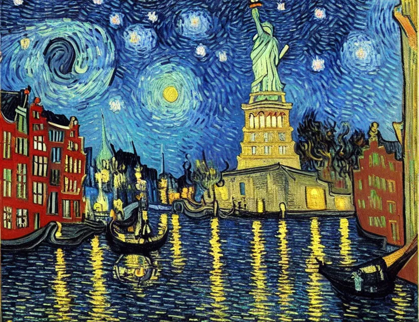 Prompt: a very detailed acrylic painting of the statue of liberty being stoned and lost in the amsterdam canals surrounded by amsterdam houses at night with romantic city light ambiance and a starry sky painting by vincent van gogh but it is james jean