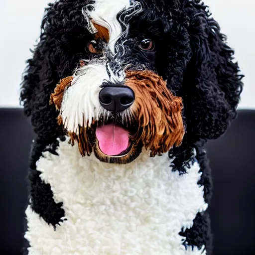 Image similar to a closeup photorealistic photograph of a cute smiling knitted bernedoodle judge dog dressed in a black gown, presiding over the courthouse. indoor image, professional capture, well lit shot. this 4 k hd image is trending on artstation, featured on behance, well - rendered, extra crisp, features intricate detail, epic composition and the style of unreal engine.