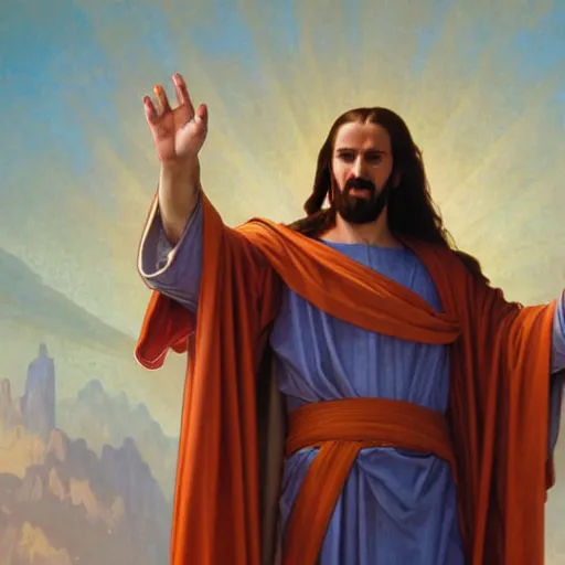 Image similar to buddy christ from dogma as christ the redeemer pointing both fingers in front of him, dynamic composition, dramatic lighting, trending on artstation, award winning art, stylized painting, ultrawide lens, aerial photography, rio de janeiro, 4 k, art by william bouguereau, alphonse mucha, greg rutkowski,