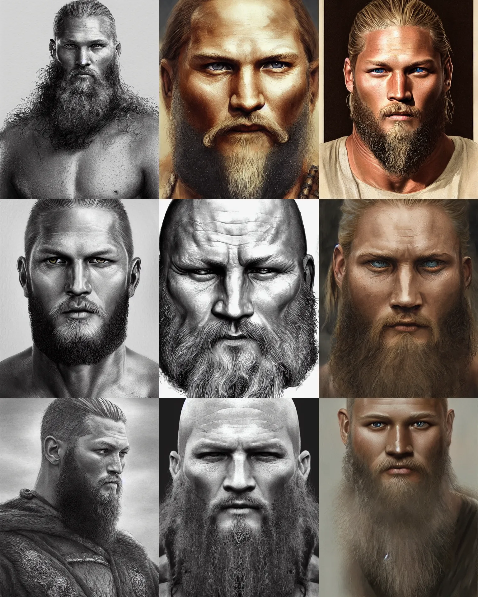 Prompt: a head of a beared viking ragnar travis fimmel, front face symmetrical, trending on artstation by ted nasmith