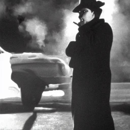 Prompt: Mario smoking a cigarette in a spooky Federico Fellini film aesthetic!!!