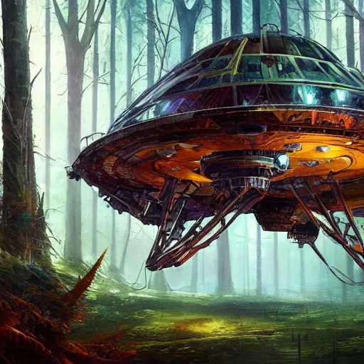 Image similar to crashed spaceship in forest cryengine render by android jones, james christensen, rob gonsalves, leonid afremov and tim white