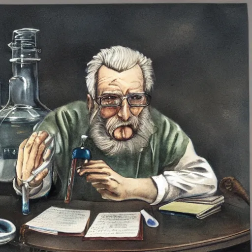 Image similar to a vintage water colour painting of a chemist with potions and ailments. an old man sitting at a desk, 4 k, beautiful, ominous