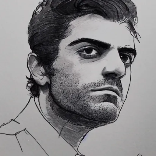 Prompt: ink and brush drawing of a portrait that is a cross between oscar isaac and ben mendelsohn