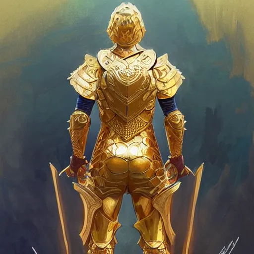 Image similar to Lionel Messi wearing a beautiful golden armor, D&D, fantasy, intricate, elegant, highly detailed, digital painting, artstation, concept art, matte, sharp focus, illustration, art by Artgerm and Greg Rutkowski and Alphonse Mucha