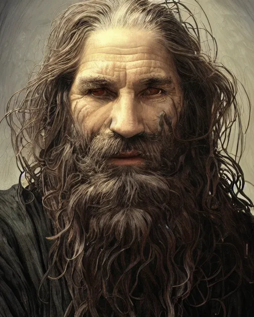 Prompt: portrait of a 6 0 - year - old giant man with long tangles of bushy black hair and beard hiding most of his face, kind eyes, wearing in black cloak, hyper realistic face, beautiful eyes, fantasy art, in the style of greg rutkowski, intricate, alphonse mucha, hyper detailed, smooth