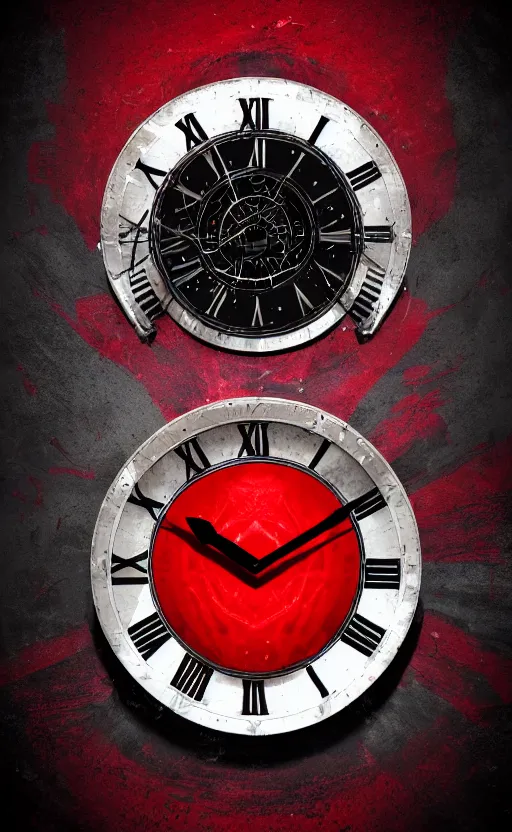 Image similar to a melting Roman numeral clock, behind a red and black gradient background, awith a black heart shaped on the top left corner and a black diamond card shape in the bottom right corner, dynamic lighting, photorealistic fantasy concept art, trending on art station, stunning visuals, cinematic, creative, ultra detailed