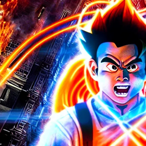 Image similar to stunning awe inspiring son goku with a highly detailed face as a ghostbuster in the movie ghostbusters, movie still 8 k hdr atmospheric lighting