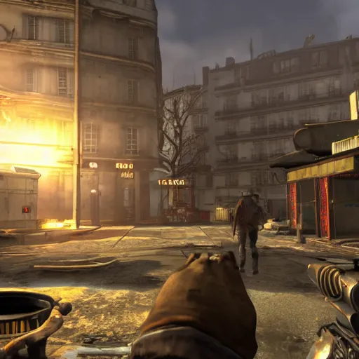 Prompt: promotional screenshot of fallout videogame set in paris