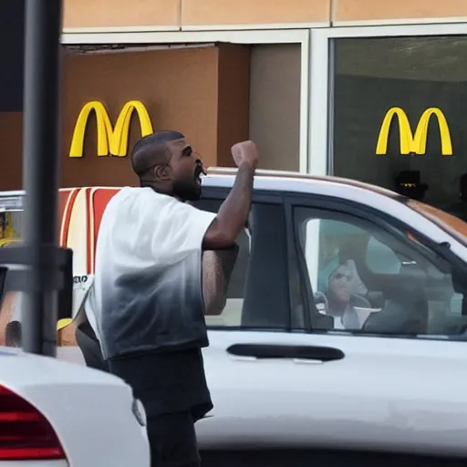 Image similar to kanye west shouting and screaming frantically at mcdonalds drive trough employee