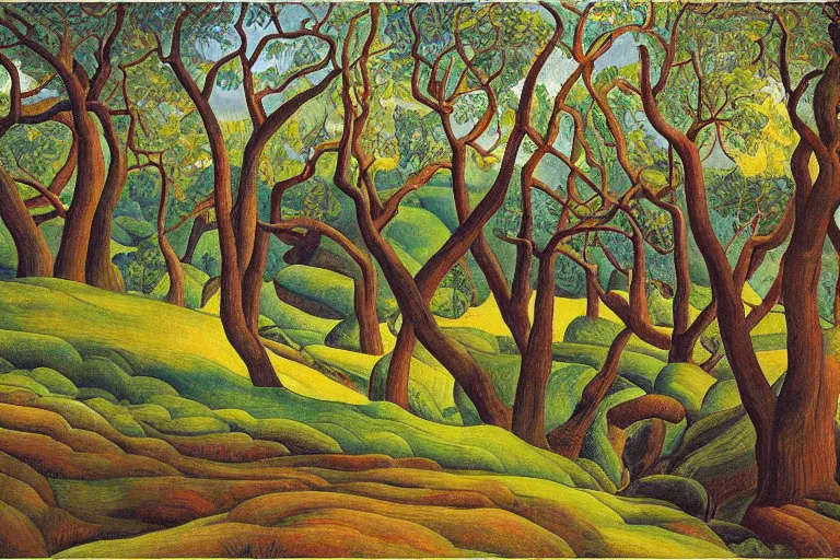 Image similar to masterpiece painting of oak trees on a hillside overlooking a creek, by diego rivera