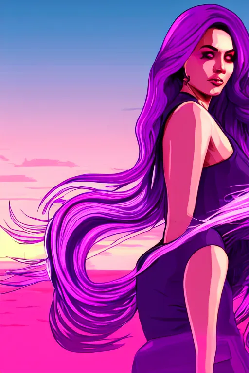 Image similar to a stunning GTA V loading screen with a beautiful woman with ombre purple pink hairstyle, hair blowing in the wind, sunset mood, outrun, vaporware, retro, digital art, trending on artstation