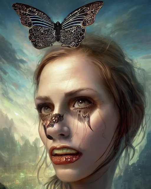 Prompt: death is swallowed up in victory, very detailed and beautiful face, screaming, mechanical butterfly, artwork by artgerm, centered shot, wide angle, full body, islandpunk, solarpunk, fantasy, highly detailed, digital painting, artstation, smooth, sharp focus, art by thomas kinkade and h. r. giger and kevin swartz