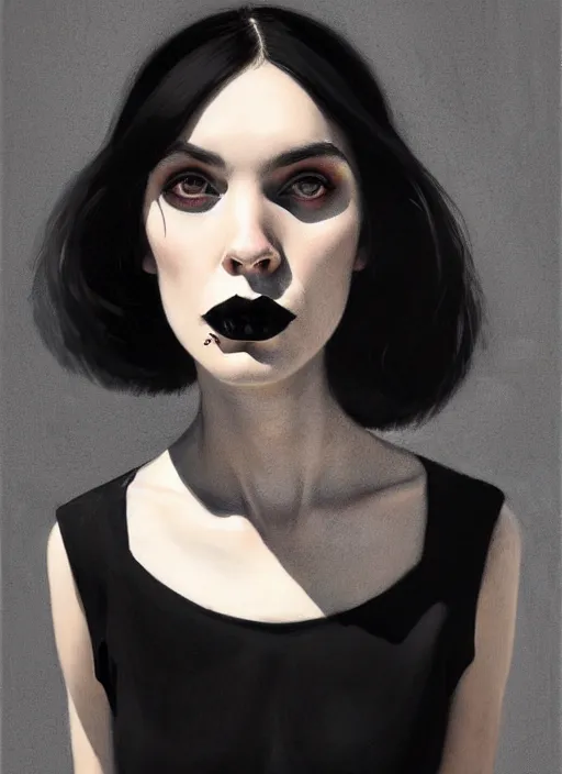 Image similar to portrait of an awkward woman with a crooked nose and a confident expression, 1 9 6 0 s, black clothes, goth, punk, funk, intricate, elegant, highly detailed, digital painting, artstation, concept art, smooth, sharp focus, illustration, art by wlop, mars ravelo and greg rutkowski