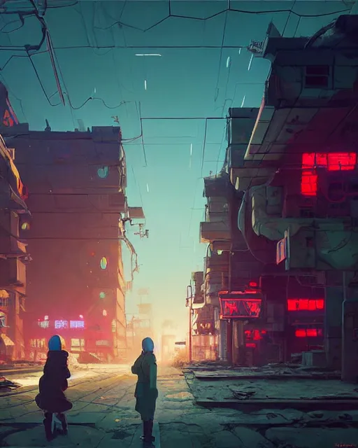 Image similar to painting of old ruined cyberpunk soviet village, detailed, by simon stalenhag, cory loftis, james gilleard, atey ghailan, makoto shinkai, goro fujita, studio ghibli, rim light, exquisite lighting, clear focus, very coherent, plain background, soft painting