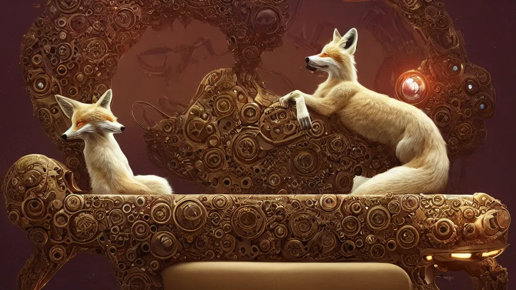Image similar to a hyperrealistic photographical cream cyborg fox sitting on an ornate alien couch, symmetrical, intricate, detailed, volumetric lighting, sharp focus, photorealism, digital painting, highly detailed, concept art, by roger dean and beth cavener and simon stalenhag and mark brooks