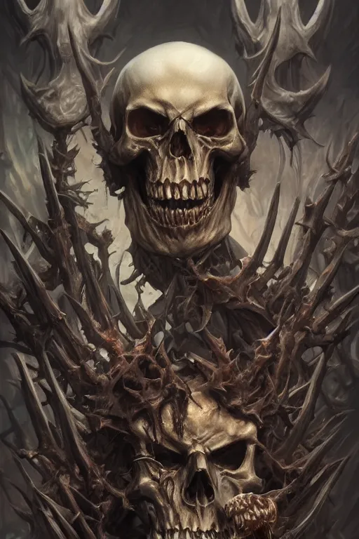 Image similar to death lord stand on skulls, highly detailed, d & d, fantasy, highly detailed, digital painting, trending on artstation, concept art, sharp focus, illustration, global illumination, ray tracing, realistic shaded, art by artgerm and greg rutkowski and fuji choko and viktoria gavrilenko and hoang lap,