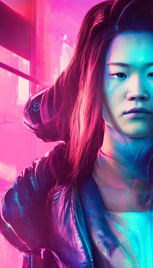 Image similar to dianne doan, girl, altered carbon, highly detailed surreal neon big in japan vfx portrait of a android, stephen bliss, unreal engine, greg rutkowski, loish, rhads, beeple, makoto shinkai and lois van baarle, ilya kuvshinov, rossdraws, tom bagshaw, global illumination, detailed and intricate environment