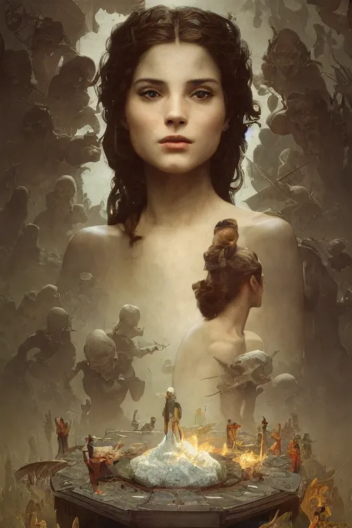 Image similar to rosalia, unreal engine 8 k, illustration, comprehensive art, thorough details, intricate, artstation atmosphere, highly detailed, symmetrical, concept art, nc wyeth, artstation, craig mullins, william adolphe bouguereau, digital painting, james jean, joao ruas, takashi murakami, gregory crewdson cinematic lighting, 4 k