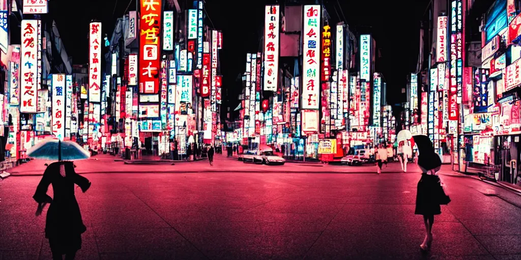 Image similar to A japanese girl holding an umbrella in the neon-lit streets of Osaka at night. Award winning photo