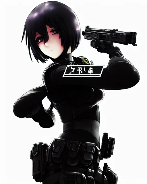 Image similar to 2 b, anime key visual of a young female swat officer, neon, cyberpunk, futuristic, white outfit, black swat vest, swat helmet, holding pdw, stunning, highly detailed, digital painting, smooth, soft focus, illustration, poster, japanese typography, digital art from artstation by artgerm and greg rutkowski and alphonse mucha