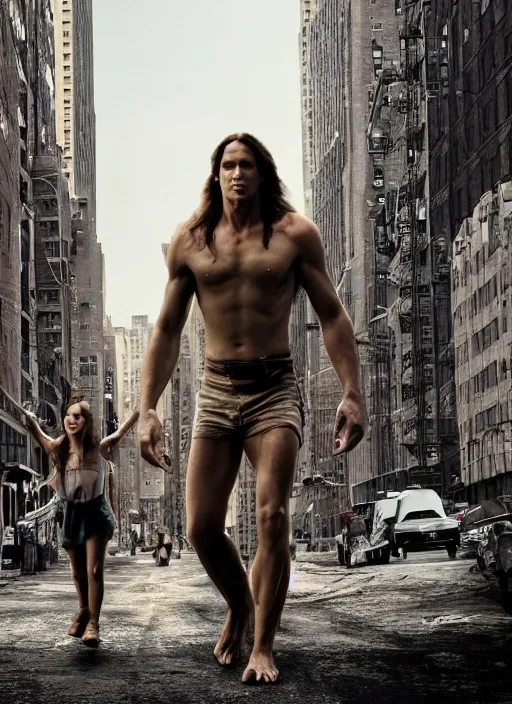 Prompt: film still, tarzan walk on the street of new york, post apocalyptic, symmetrical, 8 k, half body shot
