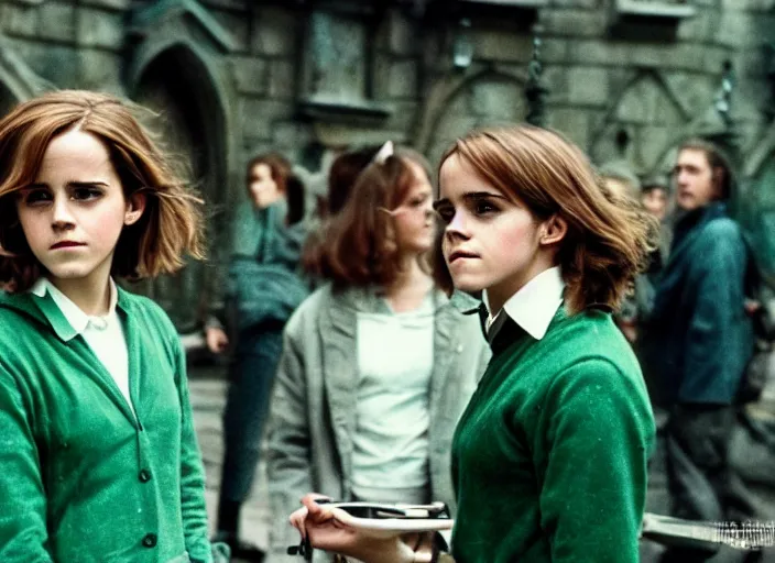 Prompt: photograph. emma watson as hermione granger. behind the scenes. candid shot. harry potter film set. kodak ektachrome. green tint. expired film. extremely detailed.