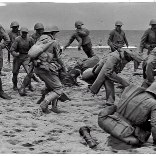 Image similar to ww 2 realistic photo in color beach landing, battle on the beach, blood everywhere, explosions