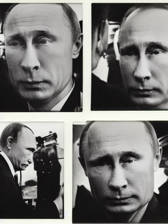 Image similar to Vladimir putin looking at an atomic bomb. polaroid. bleak.