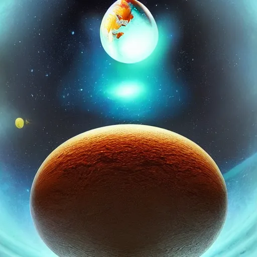 Prompt: the planet earth floats in space. a galactic sized egg floats in space. earth is inside the egg. the egg cracks open and the gooey earth slowly drips out. digital art, dramatic lighting, comedy, science fiction, concept art, epic fantasy, surreal. 2 0 0 1 space odyssey. cosmos