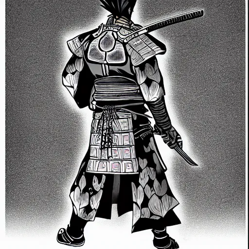 Prompt: A FULL BODY PORTRAIT FROM BEHIND OF A SAMURAI FROM MANGA VAGABOND, ,detailed, concept art, ink style , sketch black and white colors