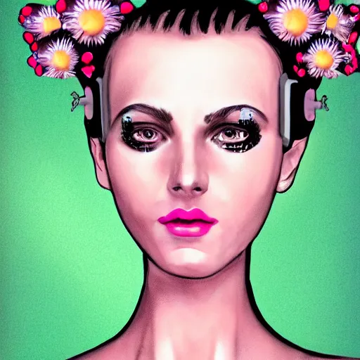 Image similar to female futuristic robot portrait with flower antennas