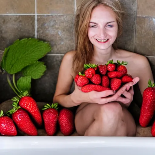 Prompt: bath filled with strawberries, woman sitting inside