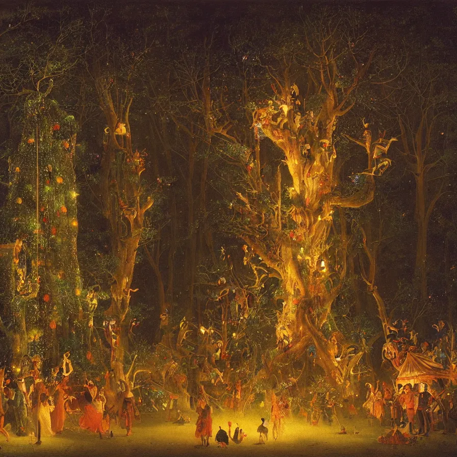 Prompt: a night carnival around a magical tree cavity, with a surreal orange moonlight and fireworks in the background, next to a lake with iridiscent water, christmas lights, folklore animals and people disguised as fantastic creatures in a magical forest by summer night, masterpiece painted by carl spitzweg, dark night environment