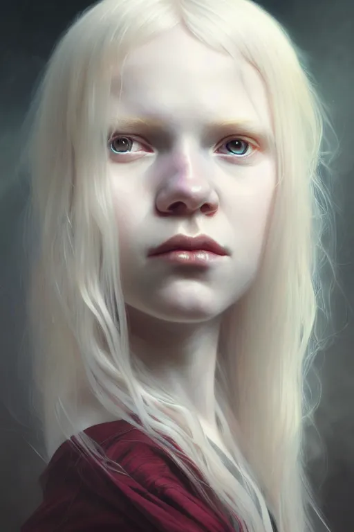 Image similar to Close-up portrait of young albino girl, long blonde hair, dark fantasy, portrait, highly detailed, digital painting, artstation, concept art, sharp focus, illustration, art by artgerm and greg rutkowski and alphonse mucha