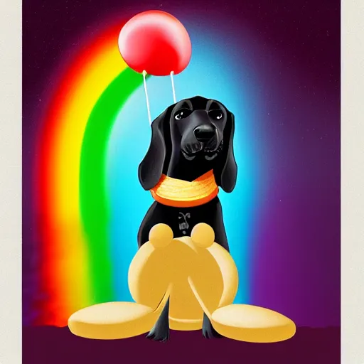 Prompt: adorable cartoon black lab chasing a hotdog across a rainbow bridge, by pixar