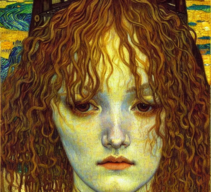 Image similar to detailed realistic beautiful young medieval queen face portrait by jean delville, gustav klimt and vincent van gogh, art nouveau, symbolist, visionary, gothic, pre - raphaelite, muted earthy colors, desaturated